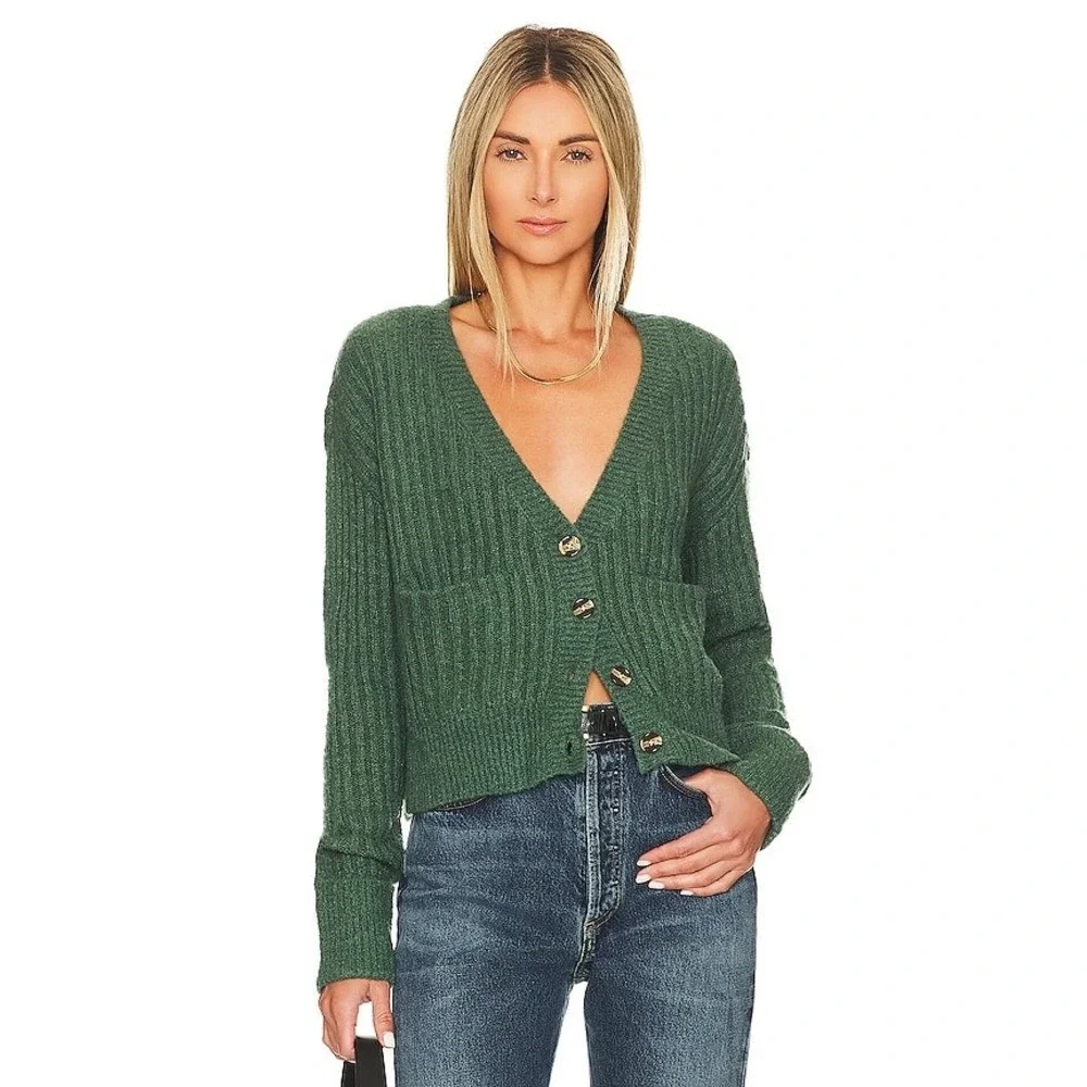 Revolve Lovers & Friends Caroline Cardigan Woman XS Green Moss Ribbed Wool Blend